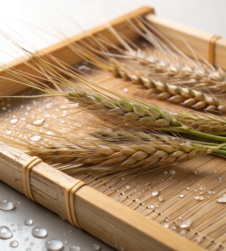 close-up-of-wheat-in-a-bamboo-tray--with-droplets-